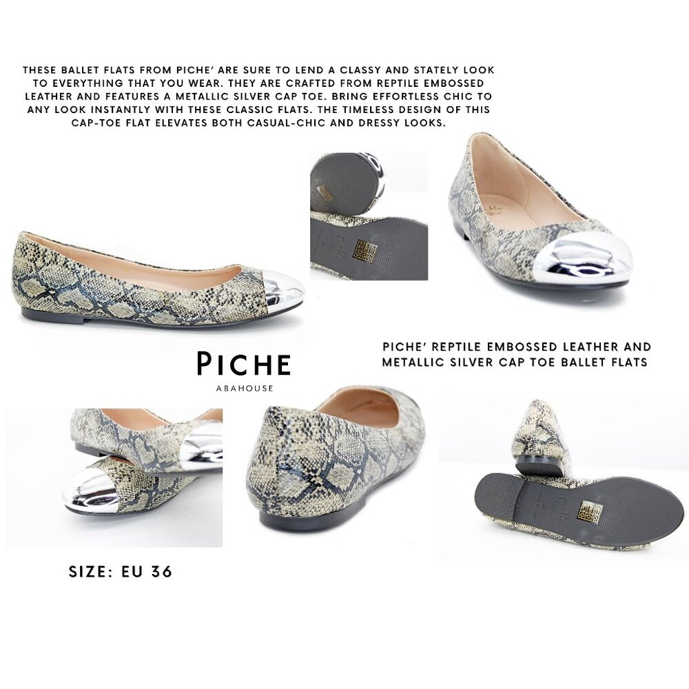 Piche’ Reptile Embossed Leather And Metallic Silver Cap Toe Ballet Flats
